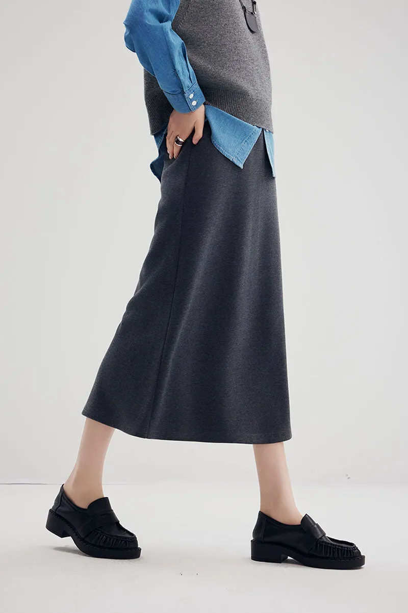 Soft Wool-Acetate Blend High-Waisted Midi Tube Skirt with Back Slit