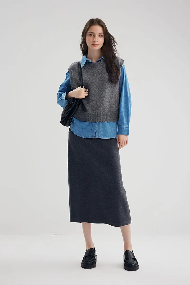 Soft Wool-Acetate Blend High-Waisted Midi Tube Skirt with Back Slit