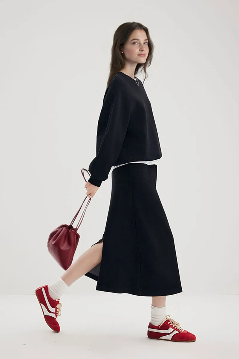 Soft Wool-Acetate Blend High-Waisted Midi Tube Skirt with Back Slit