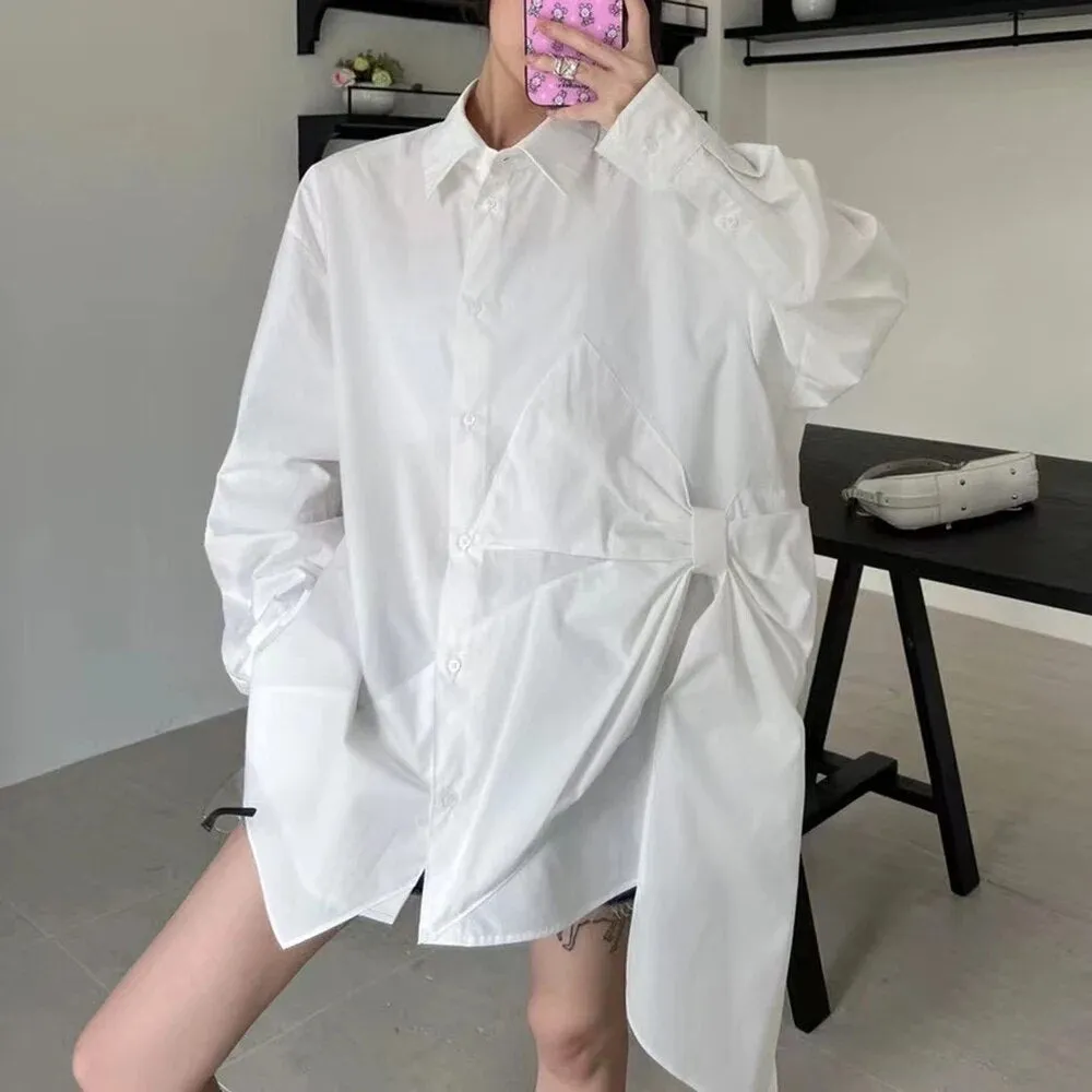 Solid Casual Patchwork Bowknot Blouses For Women Lapel Long Sleeve Spliced Single Breasted Loose Shirts Female