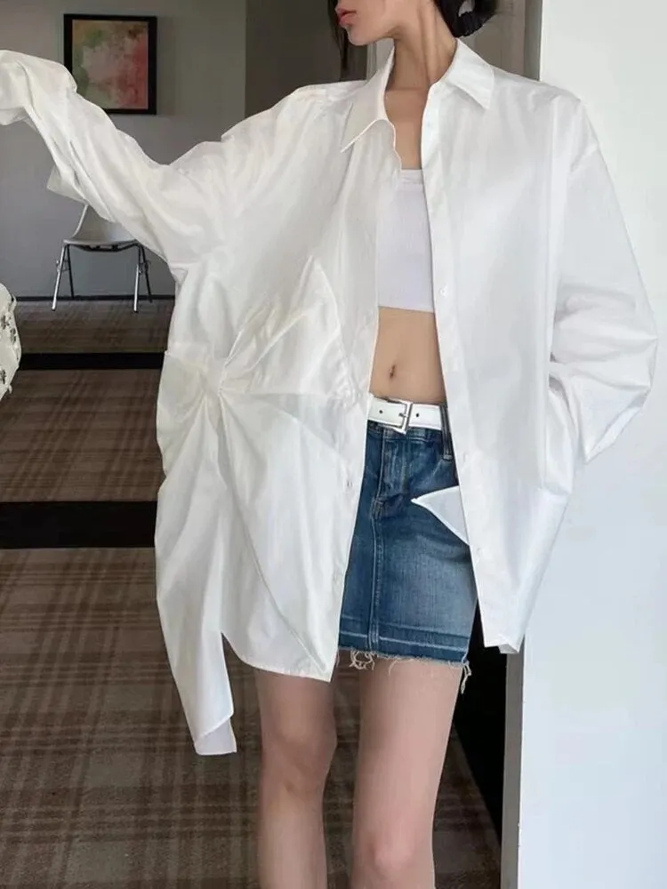 Solid Casual Patchwork Bowknot Blouses For Women Lapel Long Sleeve Spliced Single Breasted Loose Shirts Female