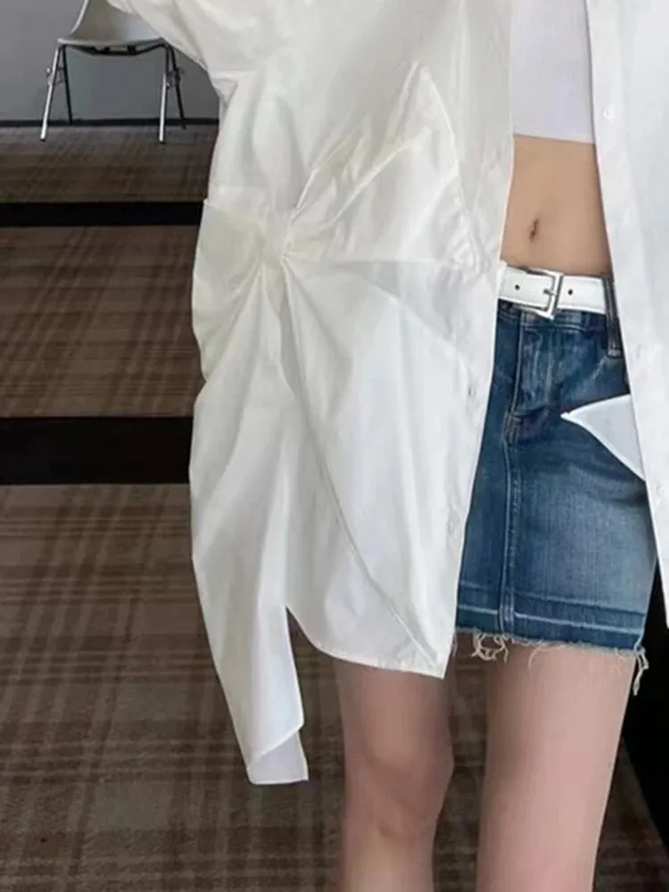 Solid Casual Patchwork Bowknot Blouses For Women Lapel Long Sleeve Spliced Single Breasted Loose Shirts Female