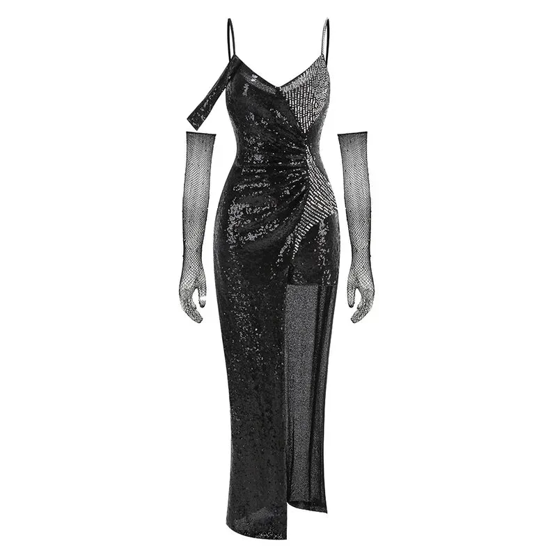 Trend4us Dazzling Asymmetrical Sequin Gown with Sheer Overlay