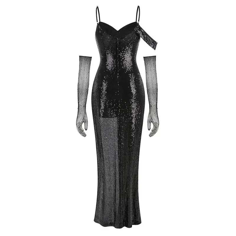 Trend4us Dazzling Asymmetrical Sequin Gown with Sheer Overlay
