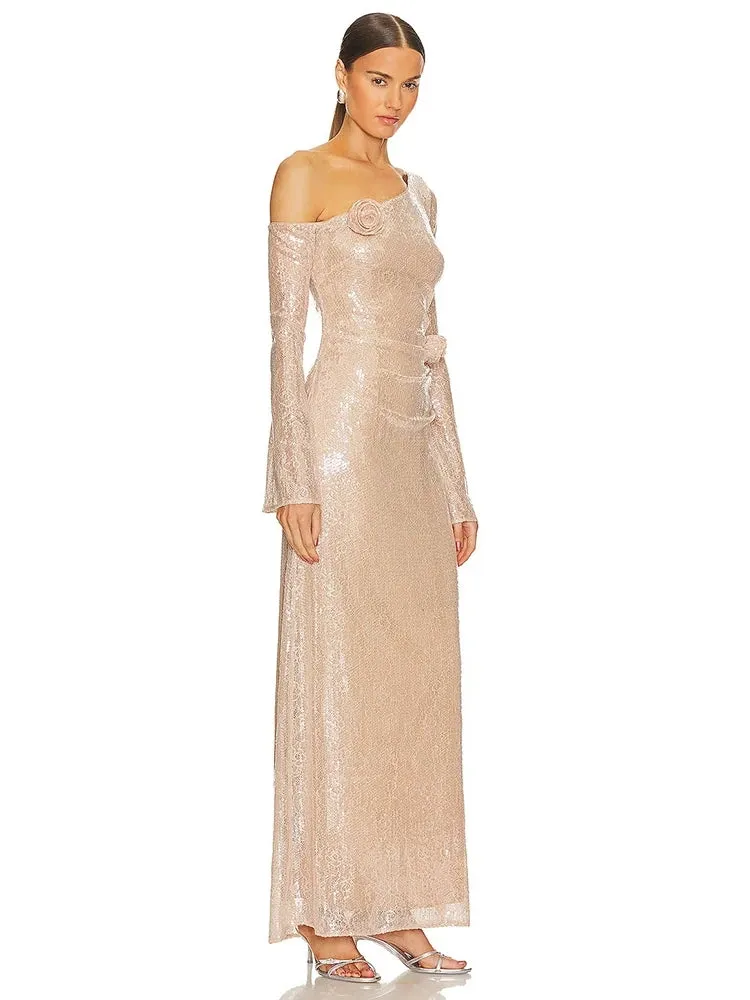 Trend4us One-Shoulder Sequin Rose-Accent Maxi Gown