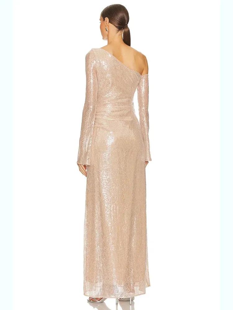 Trend4us One-Shoulder Sequin Rose-Accent Maxi Gown