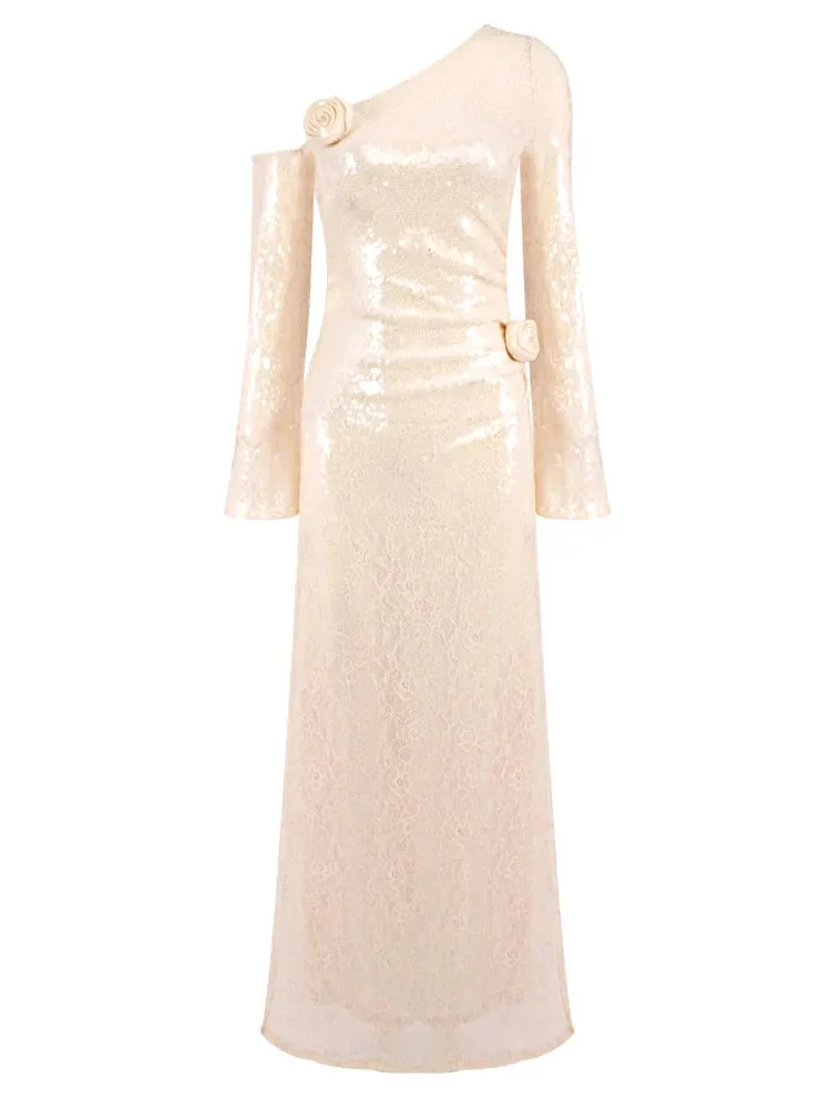 Trend4us One-Shoulder Sequin Rose-Accent Maxi Gown