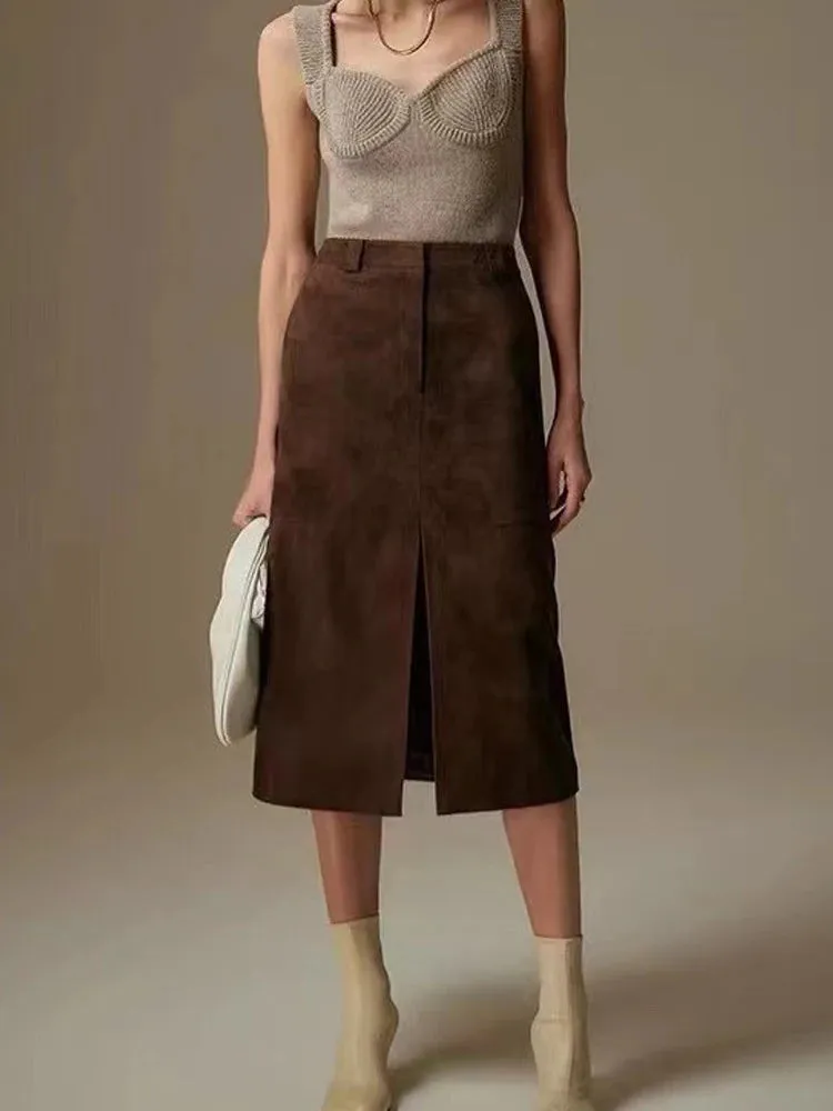 Trend4us Women's High-Waisted Suede Split Front Midi Skirt