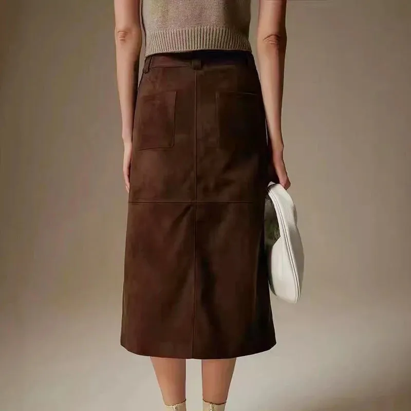 Trend4us Women's High-Waisted Suede Split Front Midi Skirt