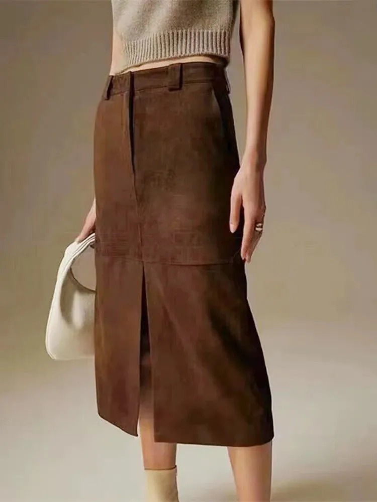 Trend4us Women's High-Waisted Suede Split Front Midi Skirt