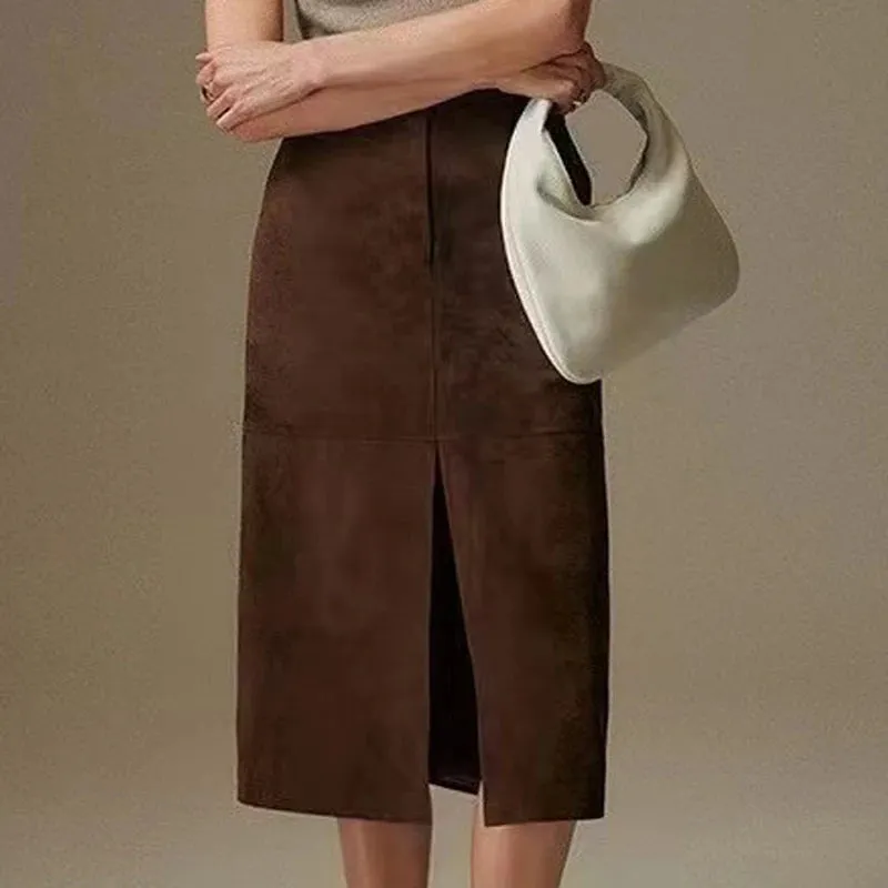Trend4us Women's High-Waisted Suede Split Front Midi Skirt