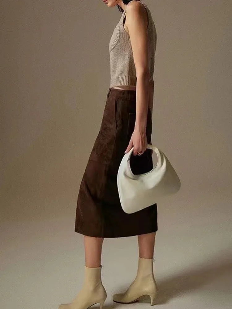 Trend4us Women's High-Waisted Suede Split Front Midi Skirt