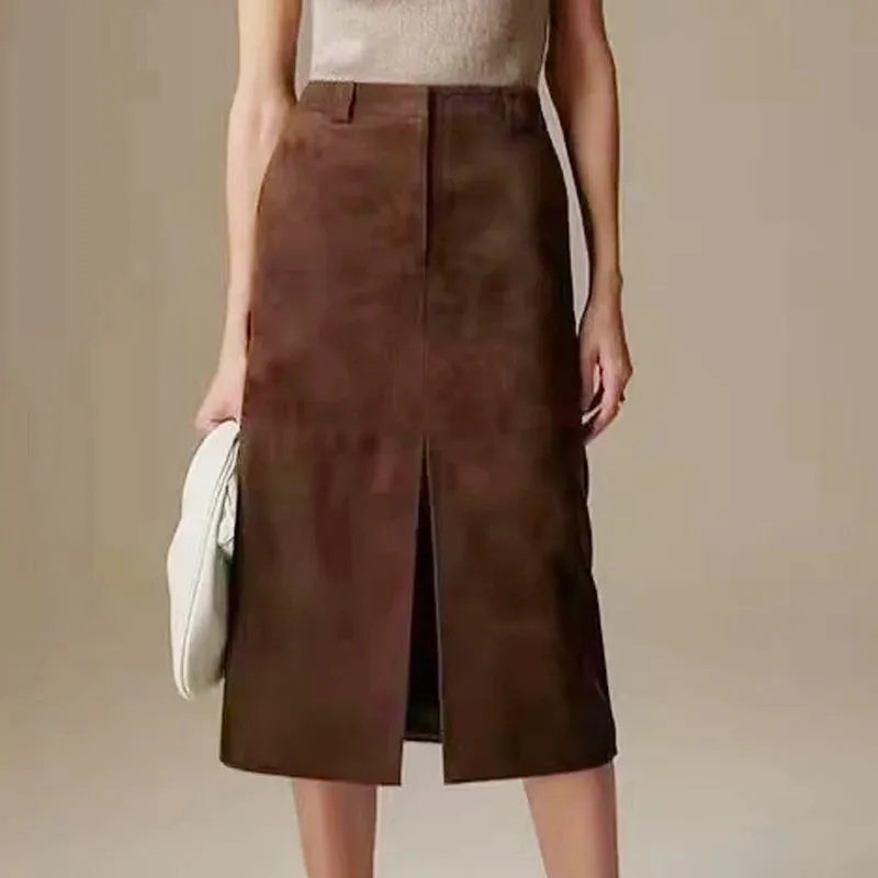 Trend4us Women's High-Waisted Suede Split Front Midi Skirt