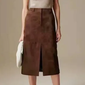 Trend4us Women's High-Waisted Suede Split Front Midi Skirt
