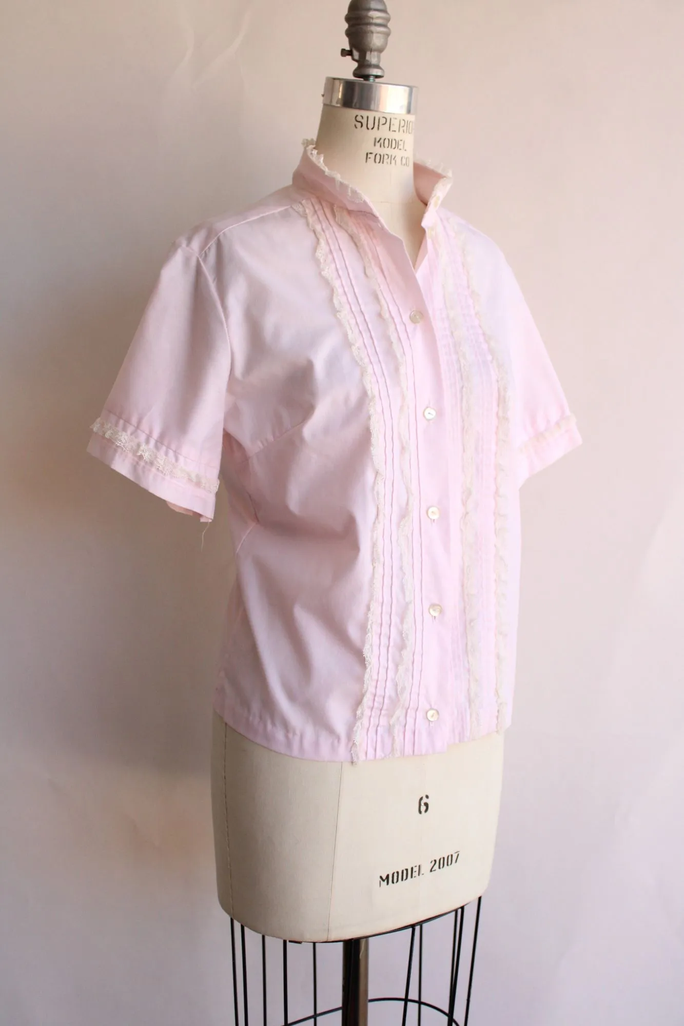Vintage 1960s Pink Cotton Tuxedo Front Blouse