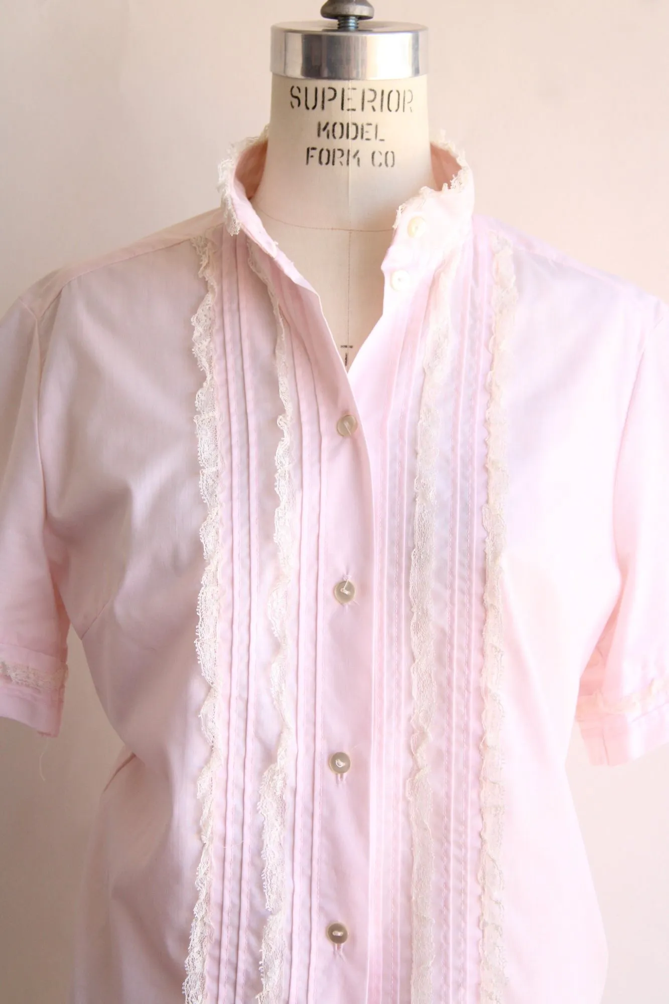 Vintage 1960s Pink Cotton Tuxedo Front Blouse