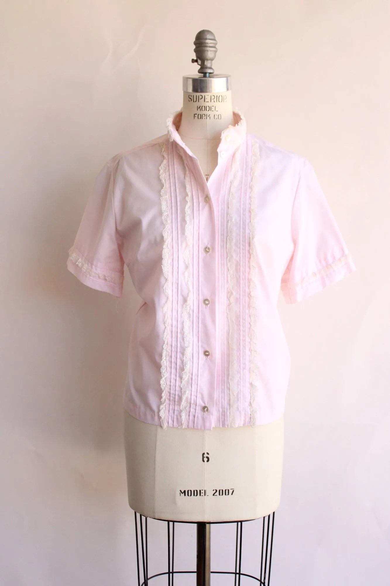 Vintage 1960s Pink Cotton Tuxedo Front Blouse