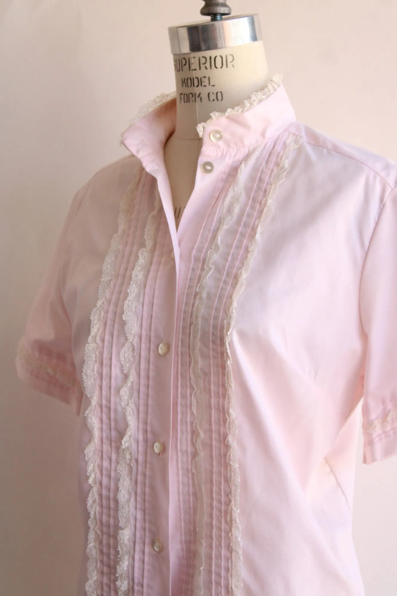 Vintage 1960s Pink Cotton Tuxedo Front Blouse