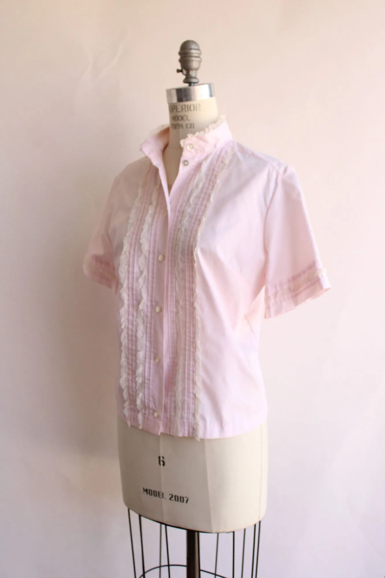 Vintage 1960s Pink Cotton Tuxedo Front Blouse