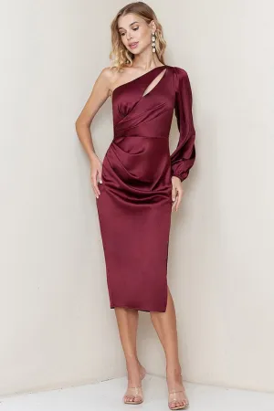 Wine One Shoulder Cut Out Detail Midi Dress